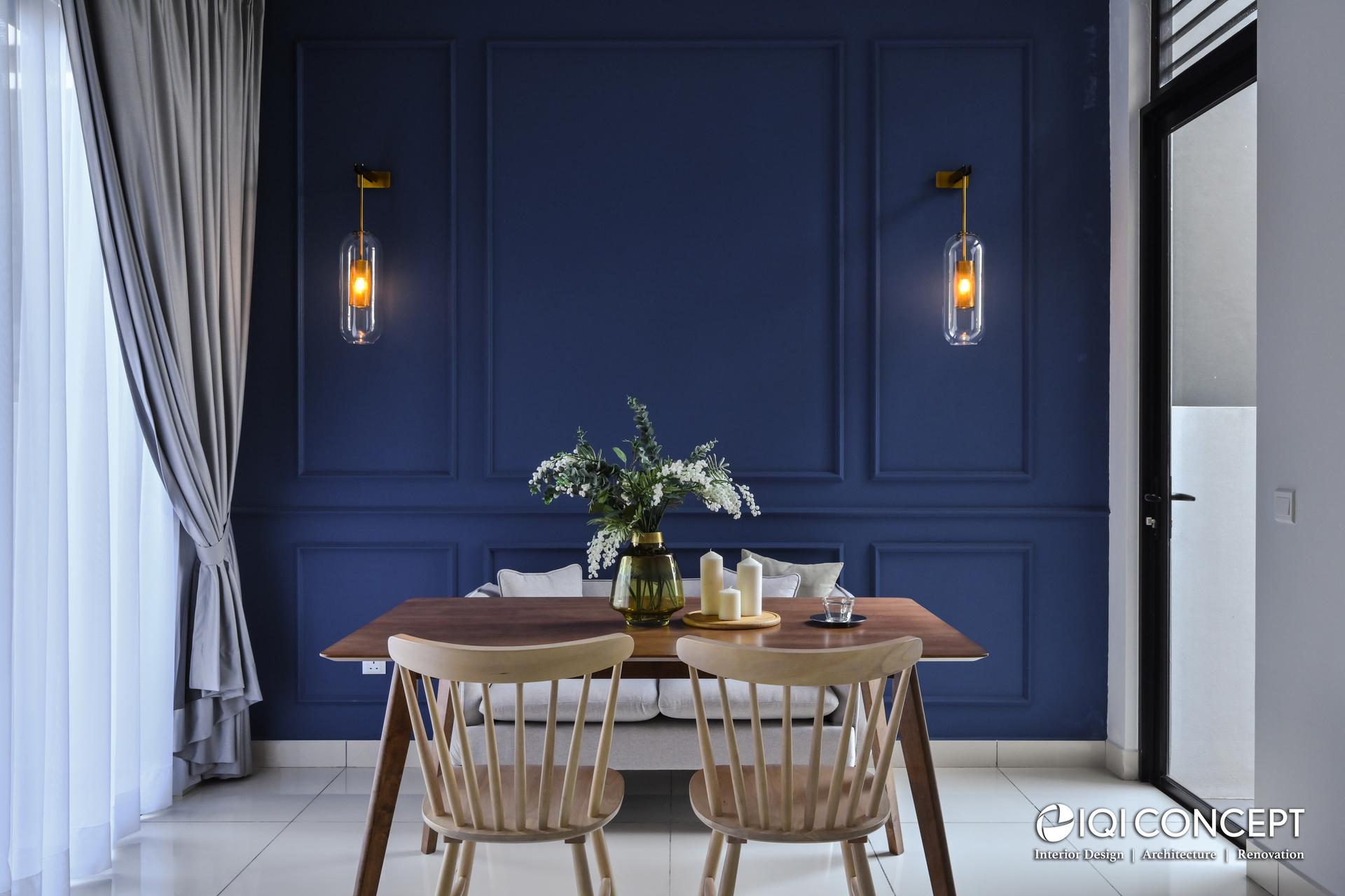 modern blue wall beading dining