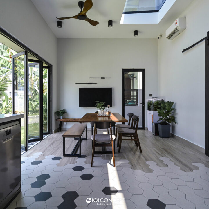 wet kitchen with skylight and folding door