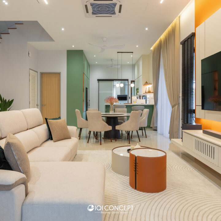 Modern Contemporary common area with a pop of orange and green, bandar kinrara