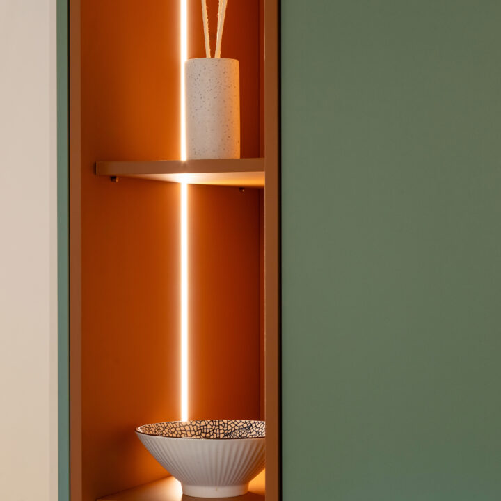 Modern Contemporary dry kitchen in green and a pop of orange bandar kinrara