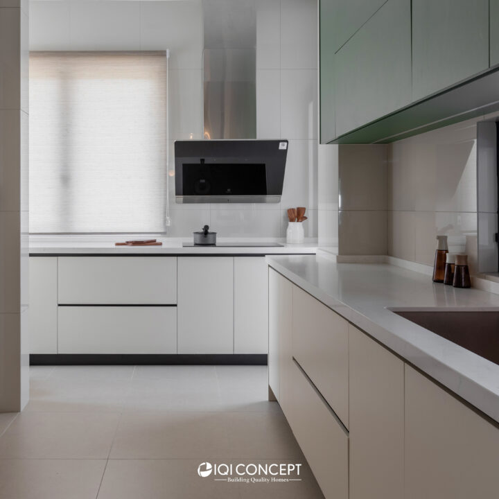 Modern minimal wet kitchen in white and green