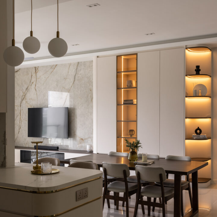 bangsar condo living room modern minimal with curve shelves